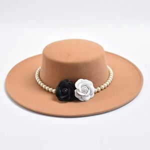 Elegant Tan Wide-Brim Hat with Pearl and Floral Accents